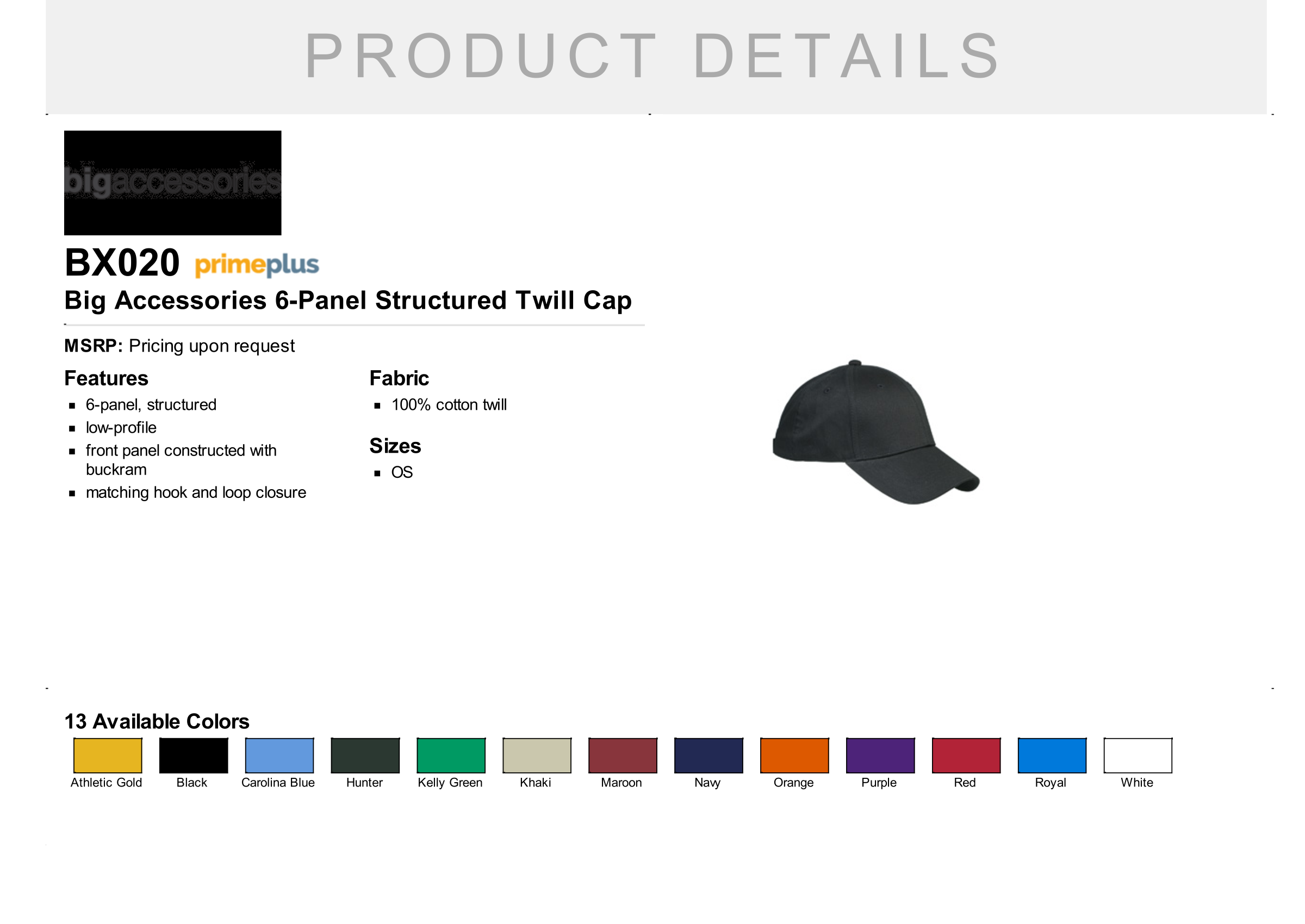 Dodgeland Big Accessories 6-Panel Structured Twill Cap